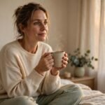 Mujer sentada en su cama con una taza de té, viviendo ansiedad silenciosa que nadie nota