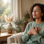 Mujer respirando con calma junto a una ventana después de un ataque de pánico
