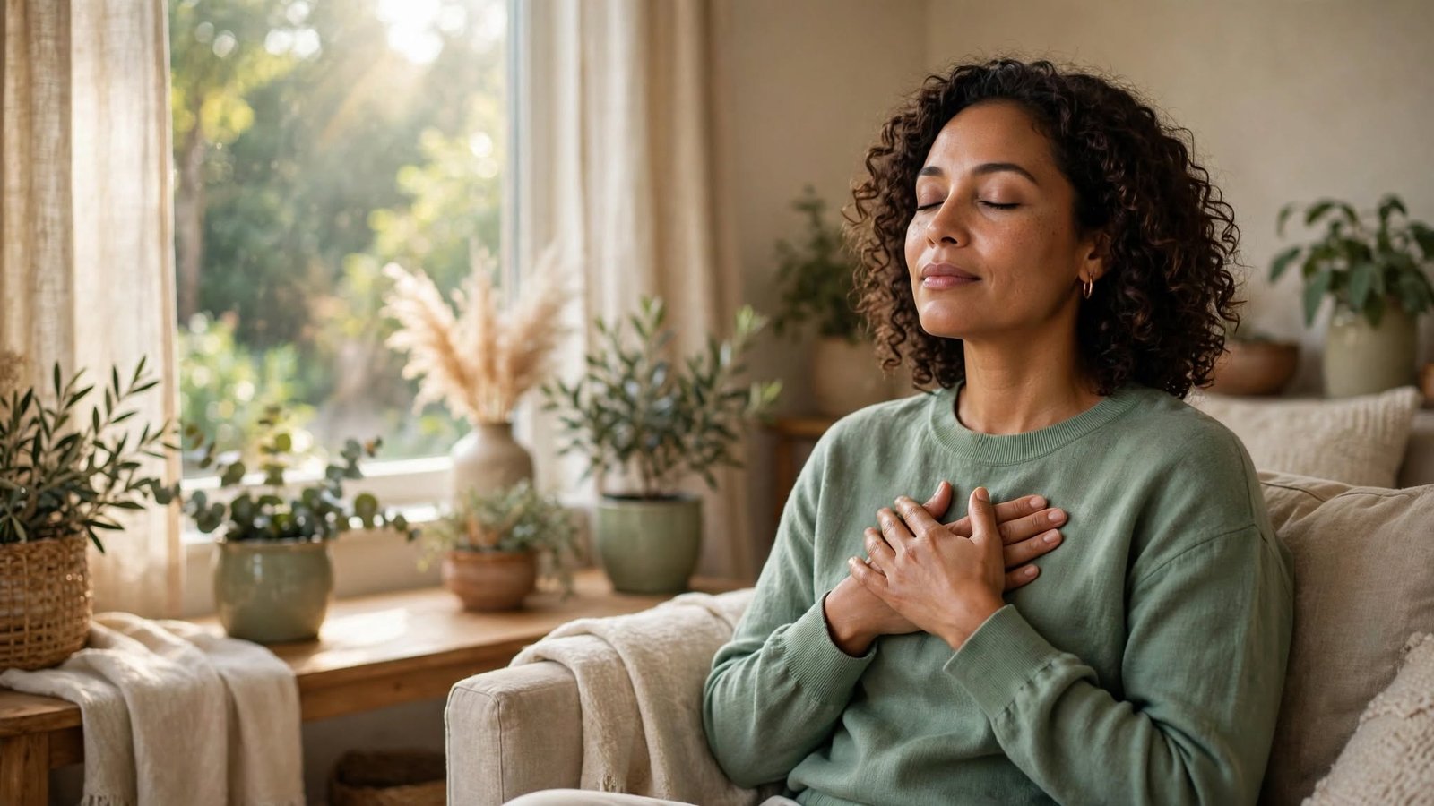 Mujer respirando con calma junto a una ventana después de un ataque de pánico