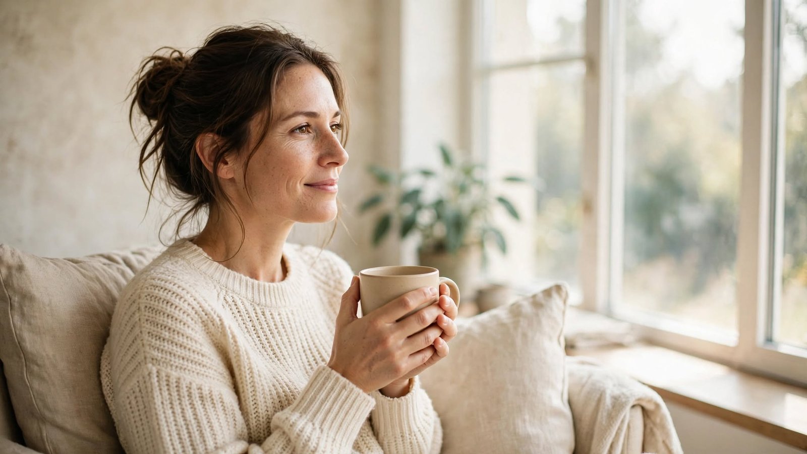 Mujer serena junto a una ventana practicando autocuidado y respeto propio con una taza de té