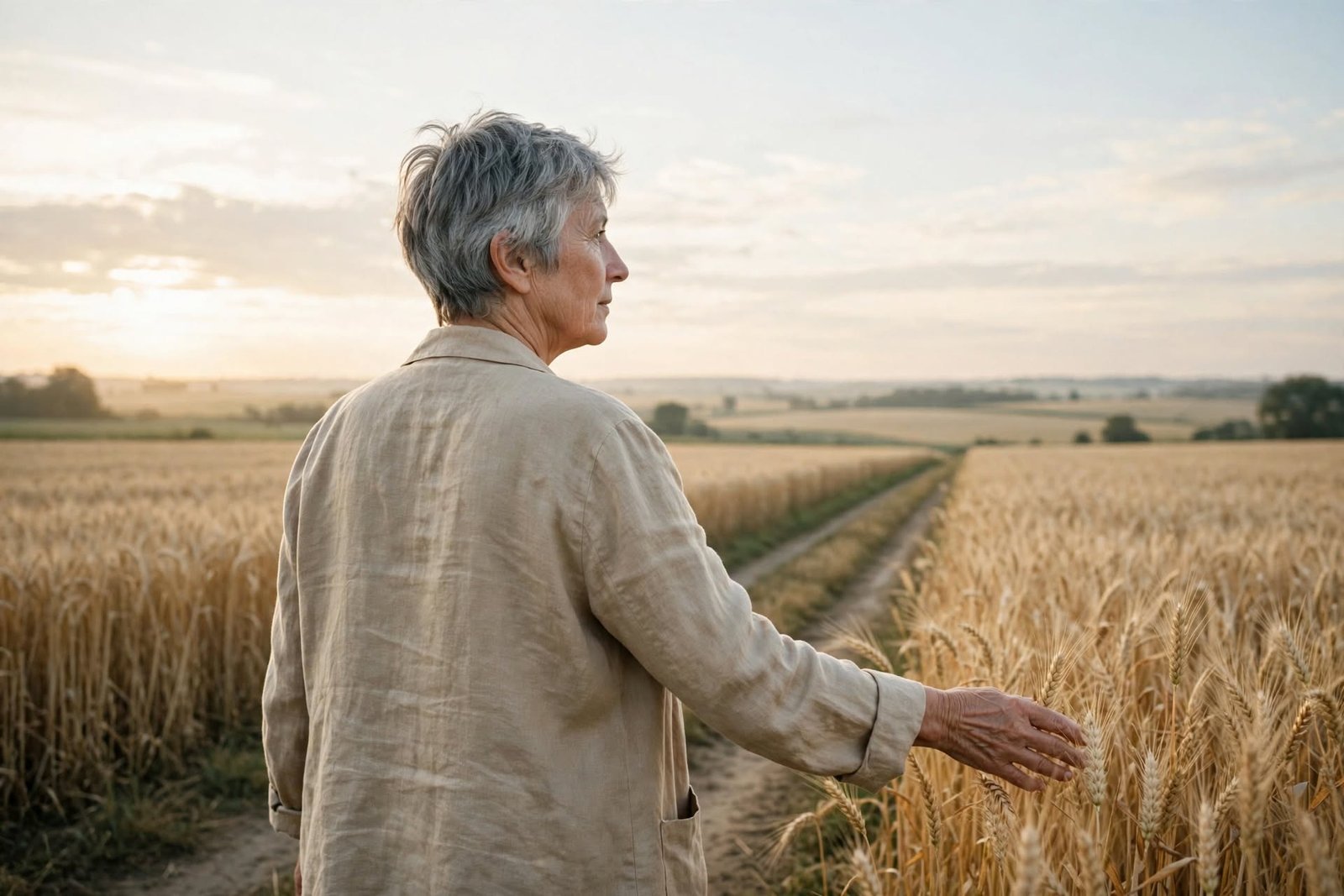 Mujer caminando al amanecer por un campo, símbolo del camino hacia la autoestima integral