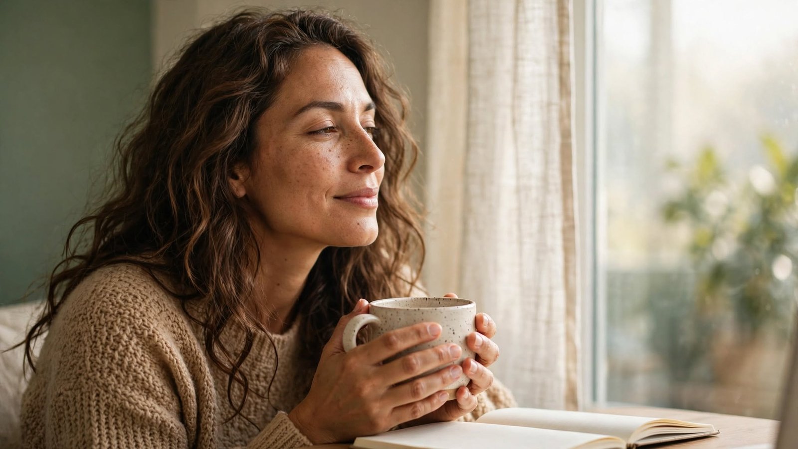 Mujer serena junto a una ventana con luz suave, representando la autoestima integral