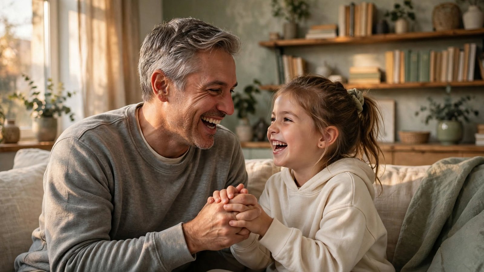 Autoestima real: cómo valorarte sin depender de la aprobación de nadie 1 Padre e hija riendo juntos en casa, ejemplo de un entorno donde se forma una autoestima real desde la infancia