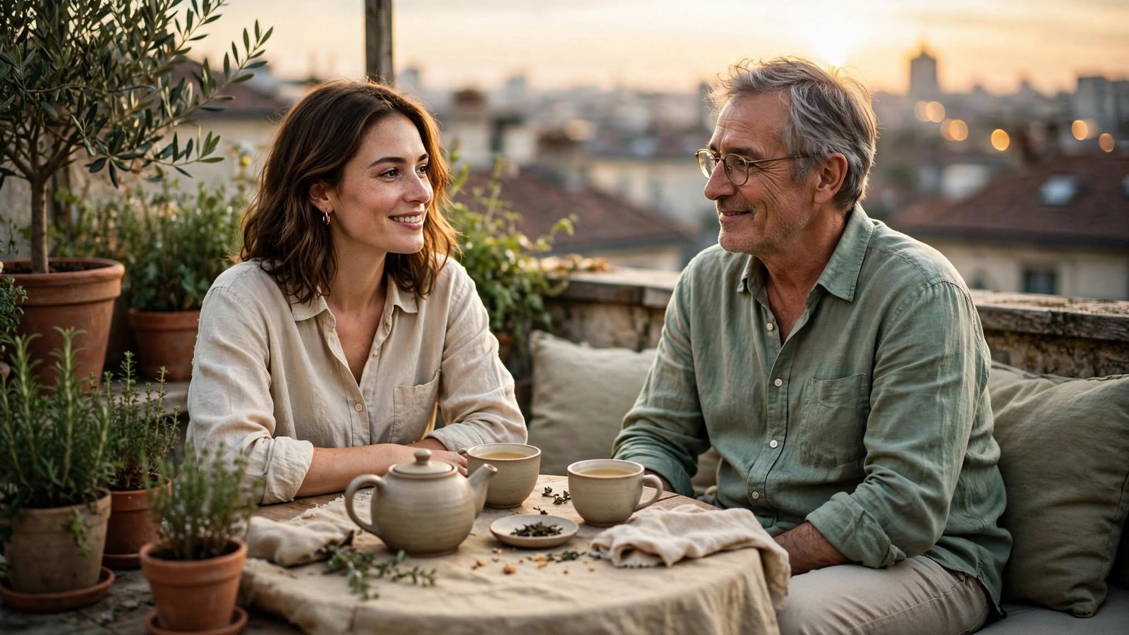 Pareja de personas tomando un té al atardecer en una terraza con expresión tranquila