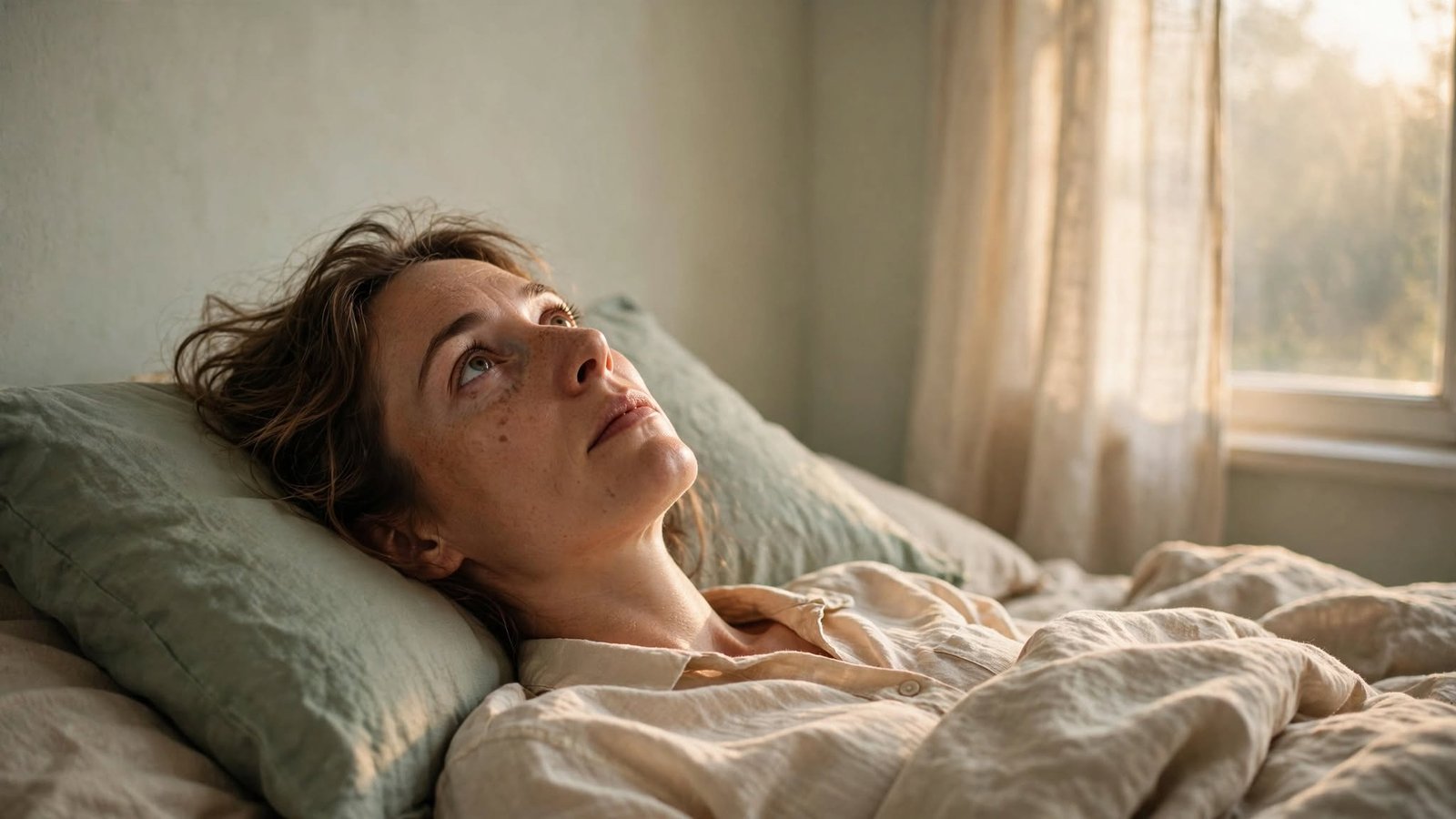 Persona despierta en la cama al amanecer con cansancio emocional por ansiedad