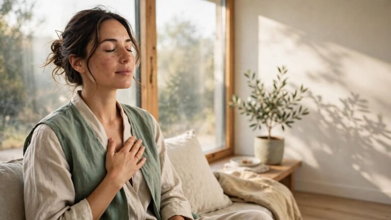 Mujer sentada junto a una ventana con luz suave respirando con calma para aliviar una mente acelerada