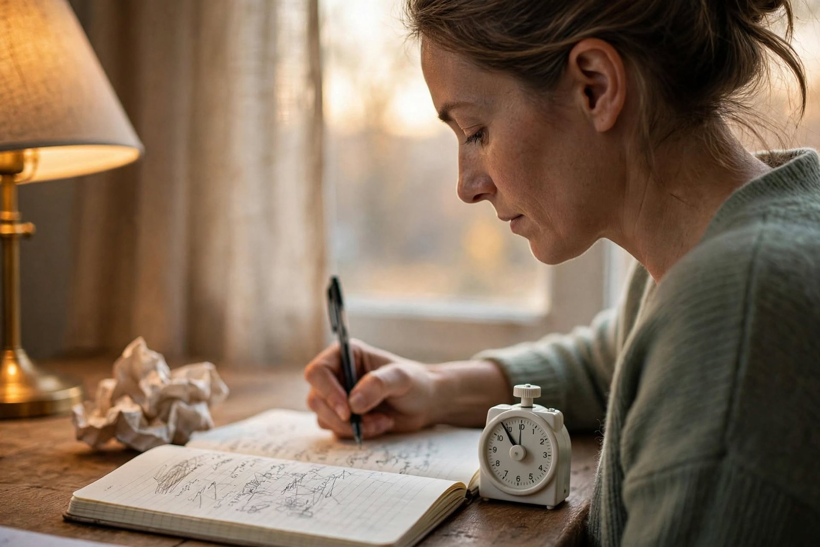 Mujer escribiendo a toda velocidad en un cuaderno con un temporizador analógico al lado, con los hombros más relajados que al empezar
