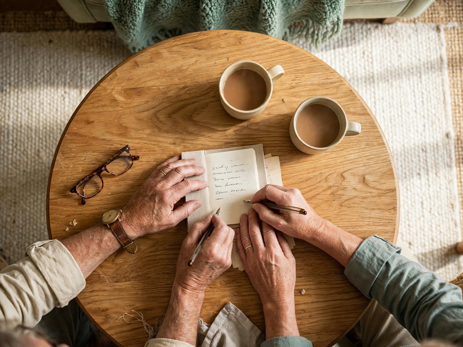 Dependencia emocional: cómo construir una relación sana desde la plenitud 3 Pareja escribiendo juntos sus acuerdos emocionales en una libreta sobre una mesa de roble