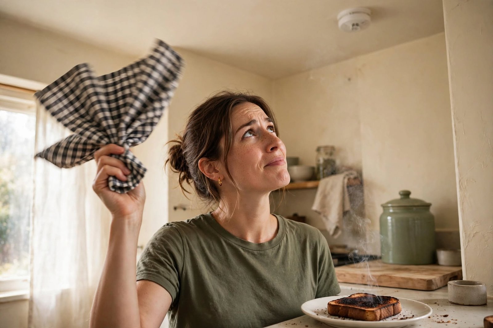 Mujer joven mirando un detector de humo en el techo de la cocina mientras abanica con un paño el humo de una tostada quemada