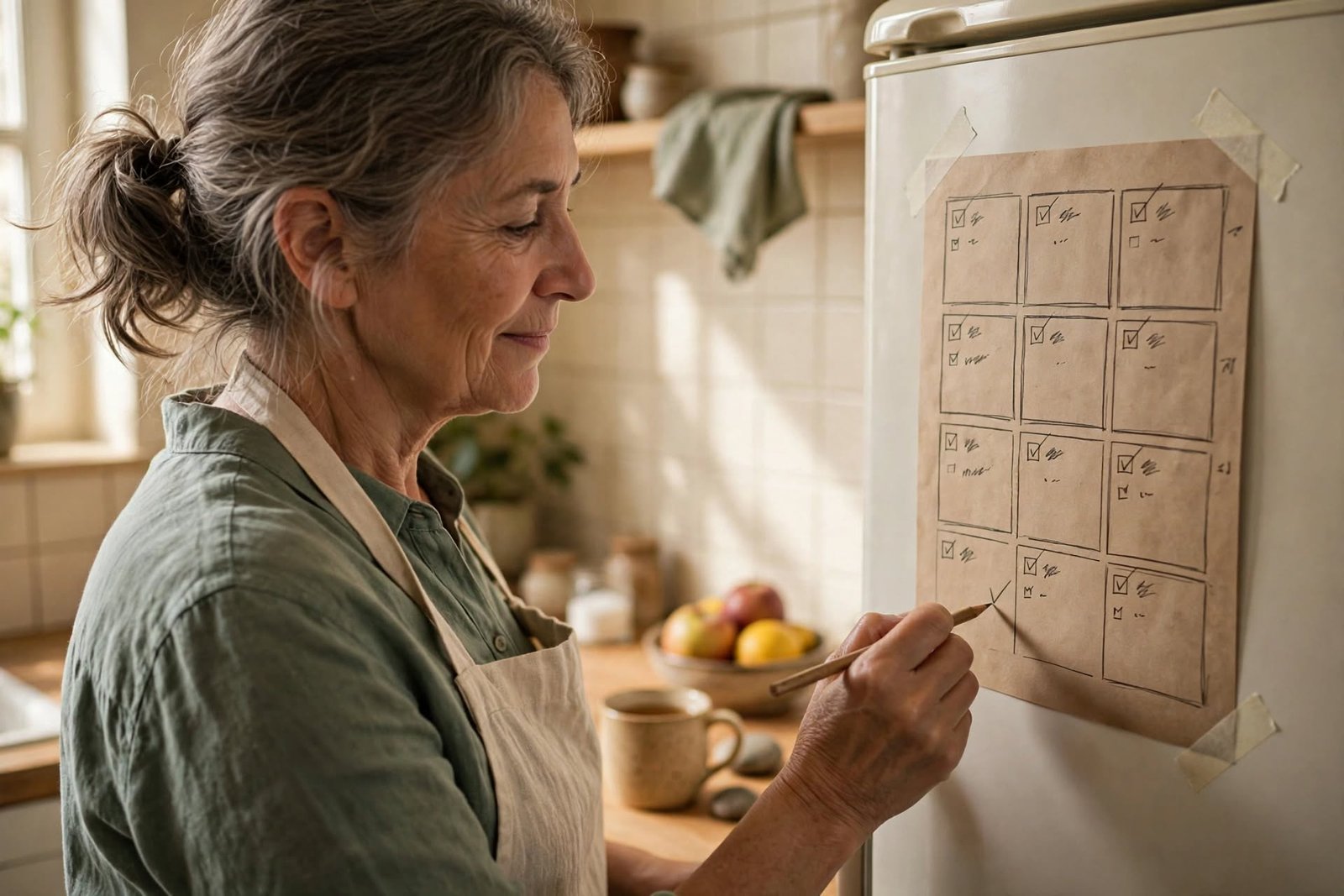 Mujer de cincuenta años marcando con un lápiz un plan semanal dibujado a mano en la puerta del refrigerador, con una taza de té en la encimera
