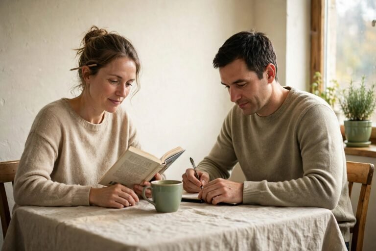 Pareja desayunando en silencio cada uno con su lectura: ejemplo de relación sana frente a la dependencia emocional