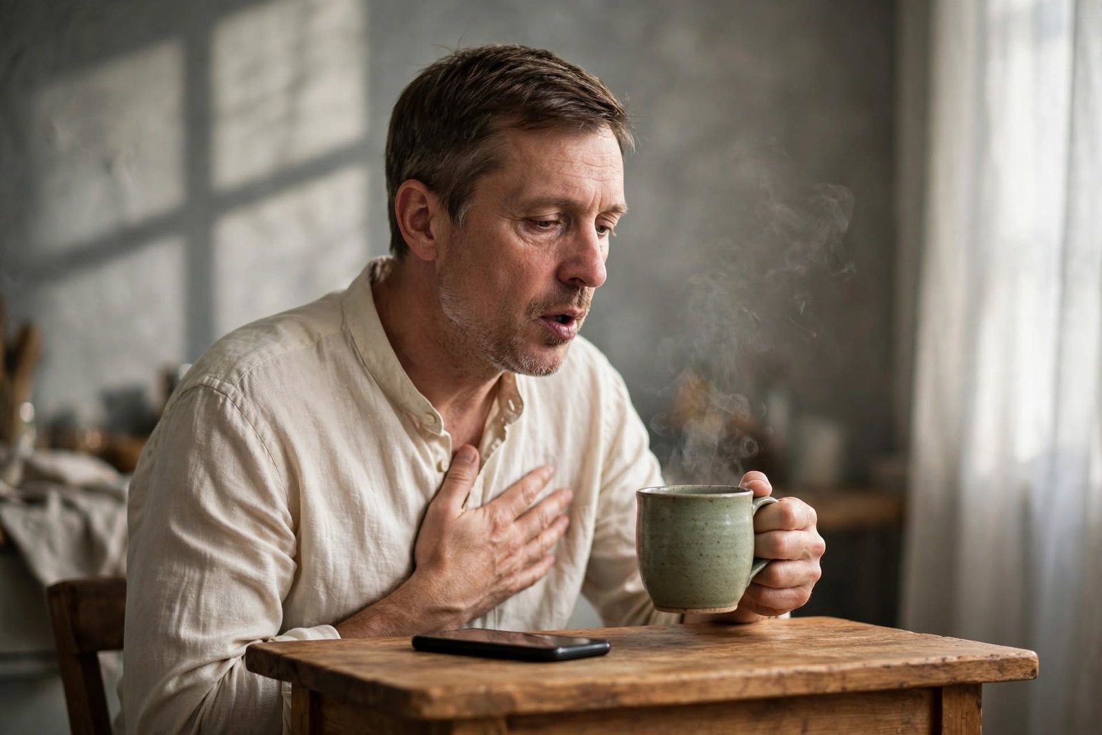Hombre sentado a la mesa de la cocina por la mañana, con una mano en el pecho y una taza verde, exhalando despacio para regular la ansiedad antes de empezar el día