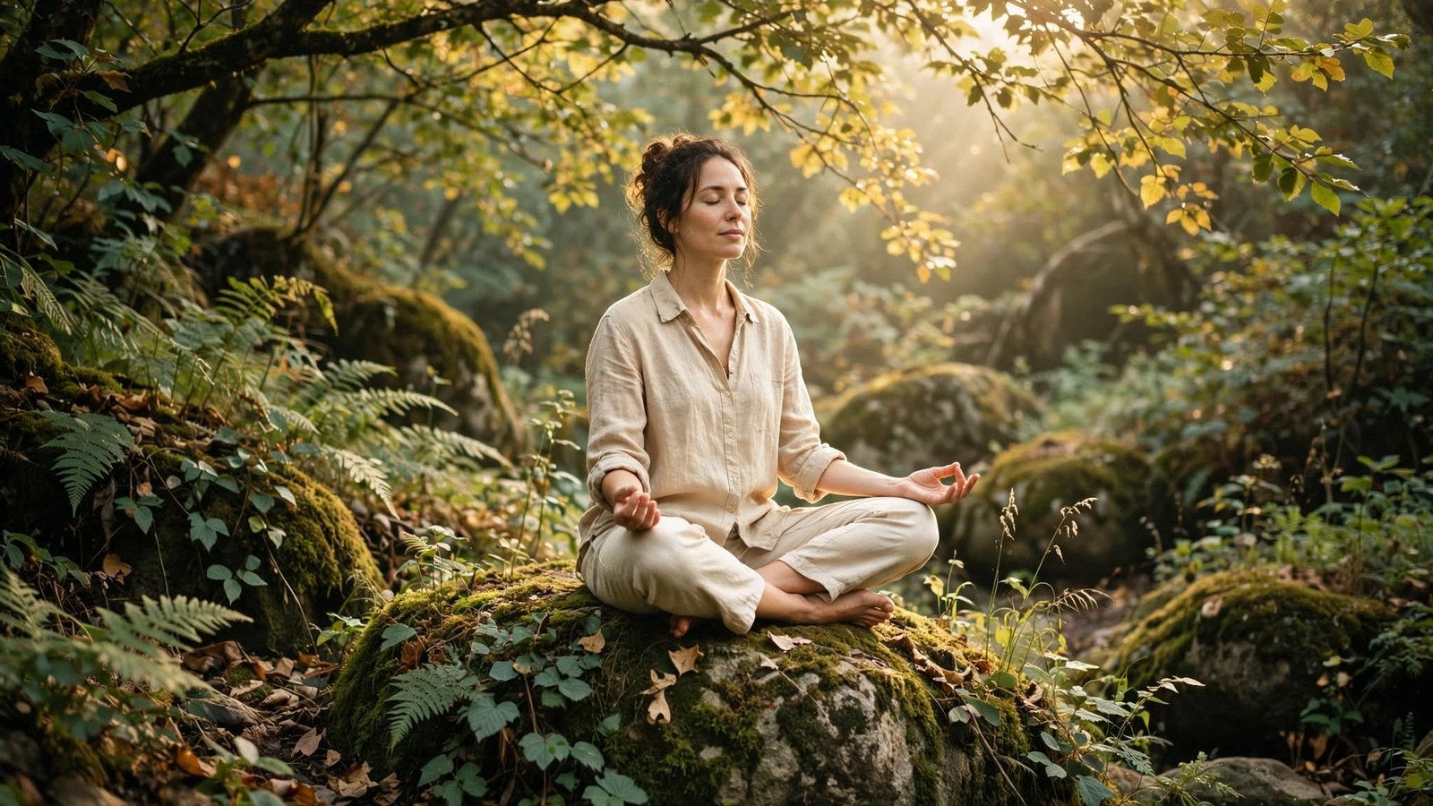 Persona sentada en meditación sobre una roca rodeada de vegetación, con luz dorada filtrada entre las ramas