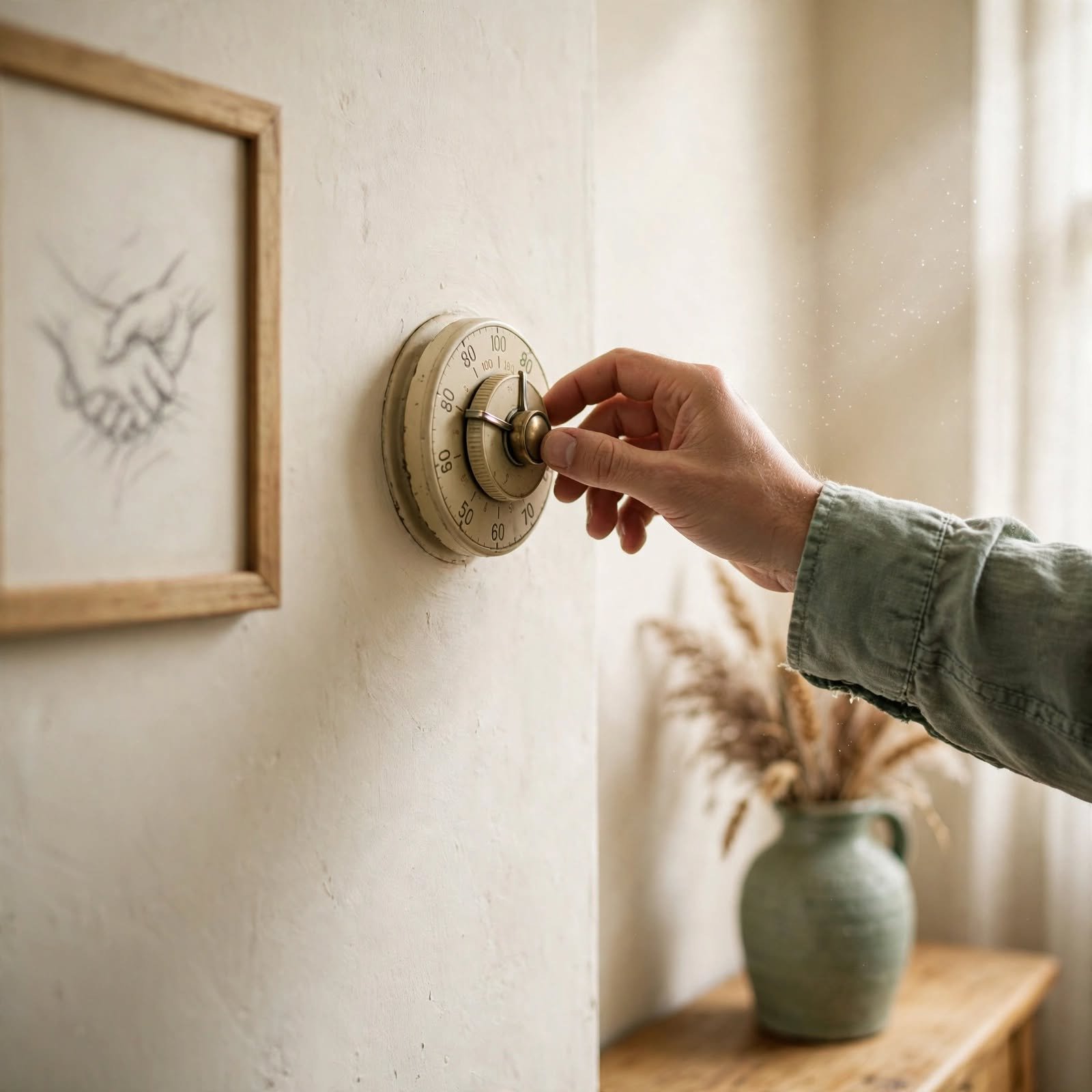 Dependencia emocional: cómo construir una relación sana desde la plenitud 2 Mano ajustando un termostato analógico como metáfora de la regulación emocional propia