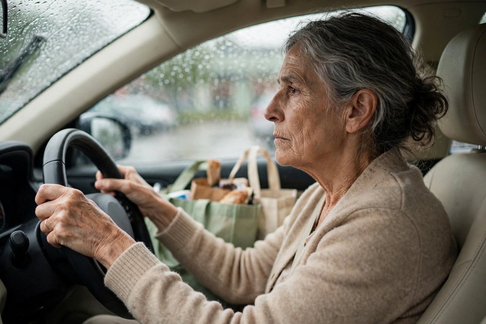 Mujer mayor al volante de un coche estacionado bajo la lluvia, con las manos en el volante y los hombros tensos, a punto de soltar el aire