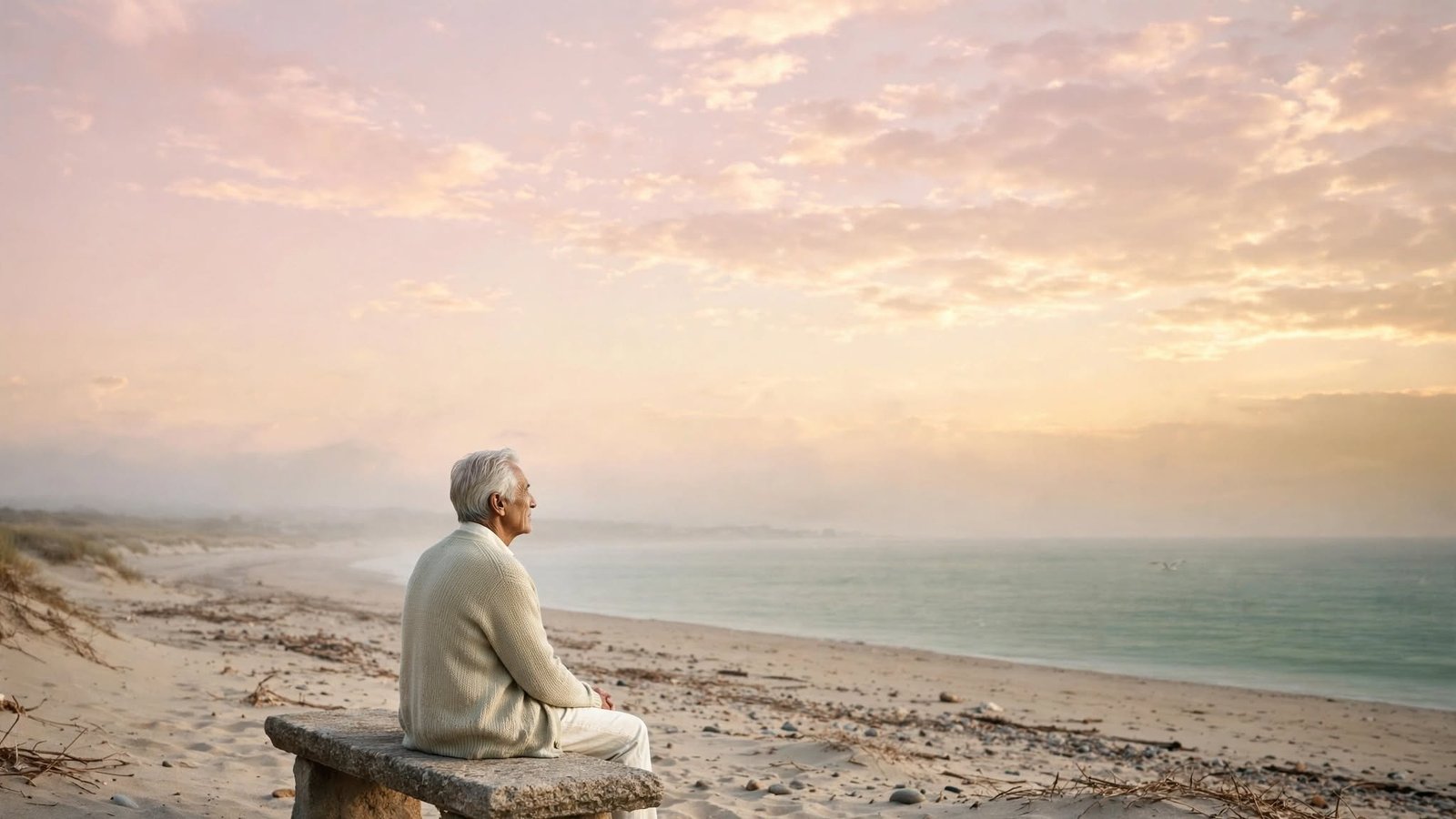 Persona mayor contemplando el mar al amanecer en una escena de aceptación y esperanza