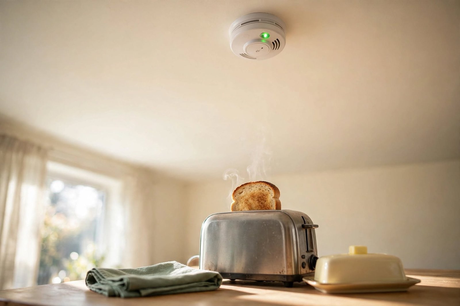 Detector de humo sobre una mesa de desayuno con una tostada, metáfora de la alarma emocional sensible