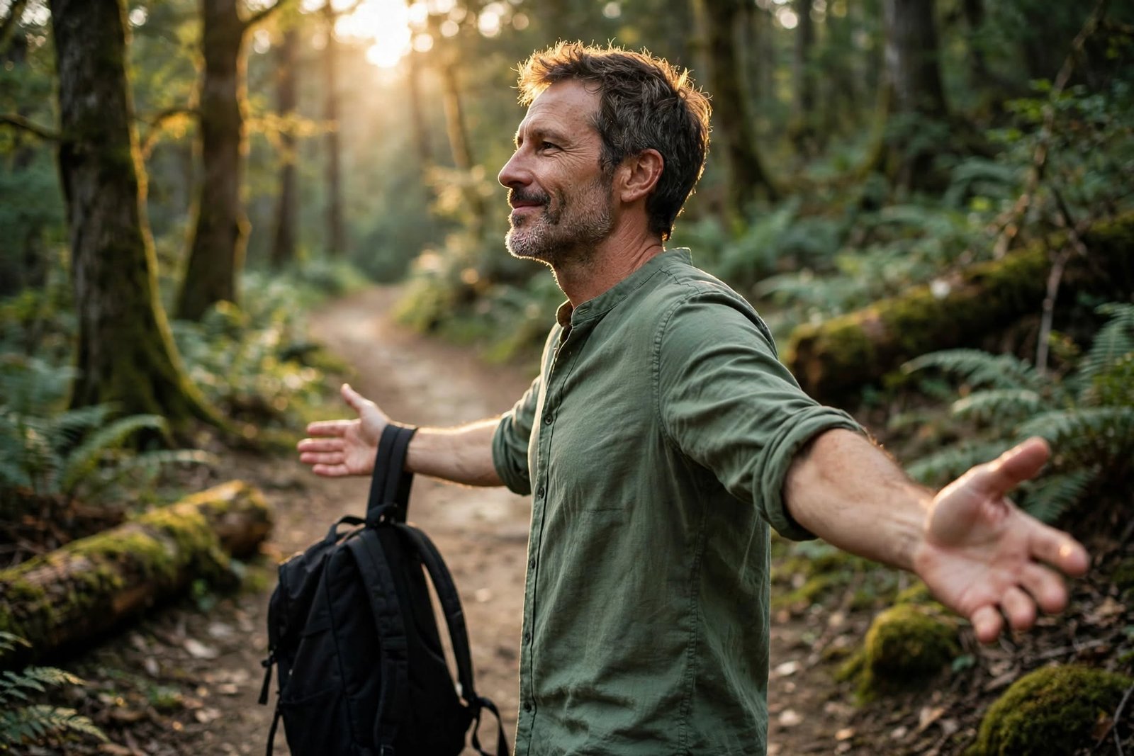 Cómo soltar el control: guía práctica para dejar de sobreintentar 1 Hombre caminando por un sendero natural con las manos relajadas, sensación de alivio al aflojar la tensión del cuerpo