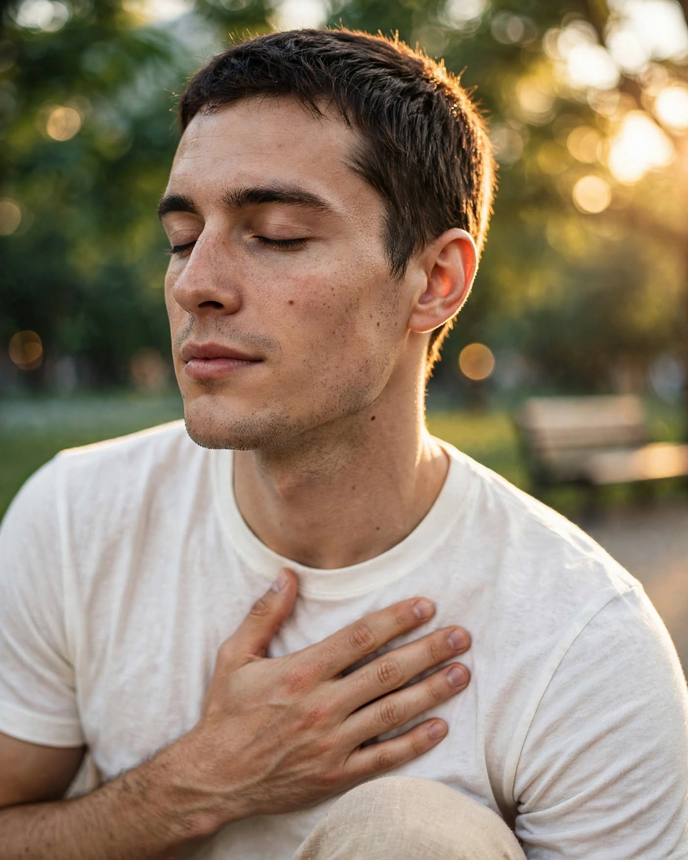 Joven con la mano en el pecho respirando con calma en un parque urbano como técnica de anclaje corporal