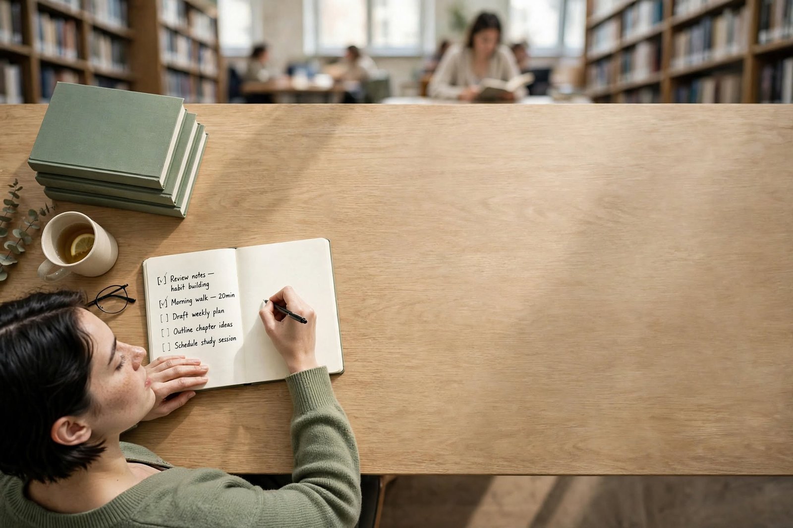 Mujer joven escribiendo una lista de acciones en una biblioteca luminosa