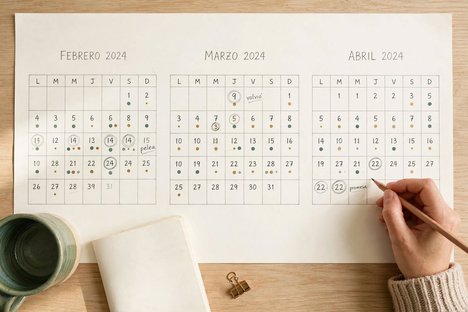 Adicción emocional: por qué vuelves y cómo salir del ciclo 1 Calendario de papel con fechas marcadas que muestra las veces que se repite un ciclo de ruptura y reconciliación