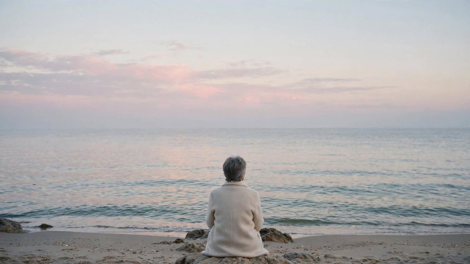Mujer sentada frente al mar al amanecer eligiendo la calma