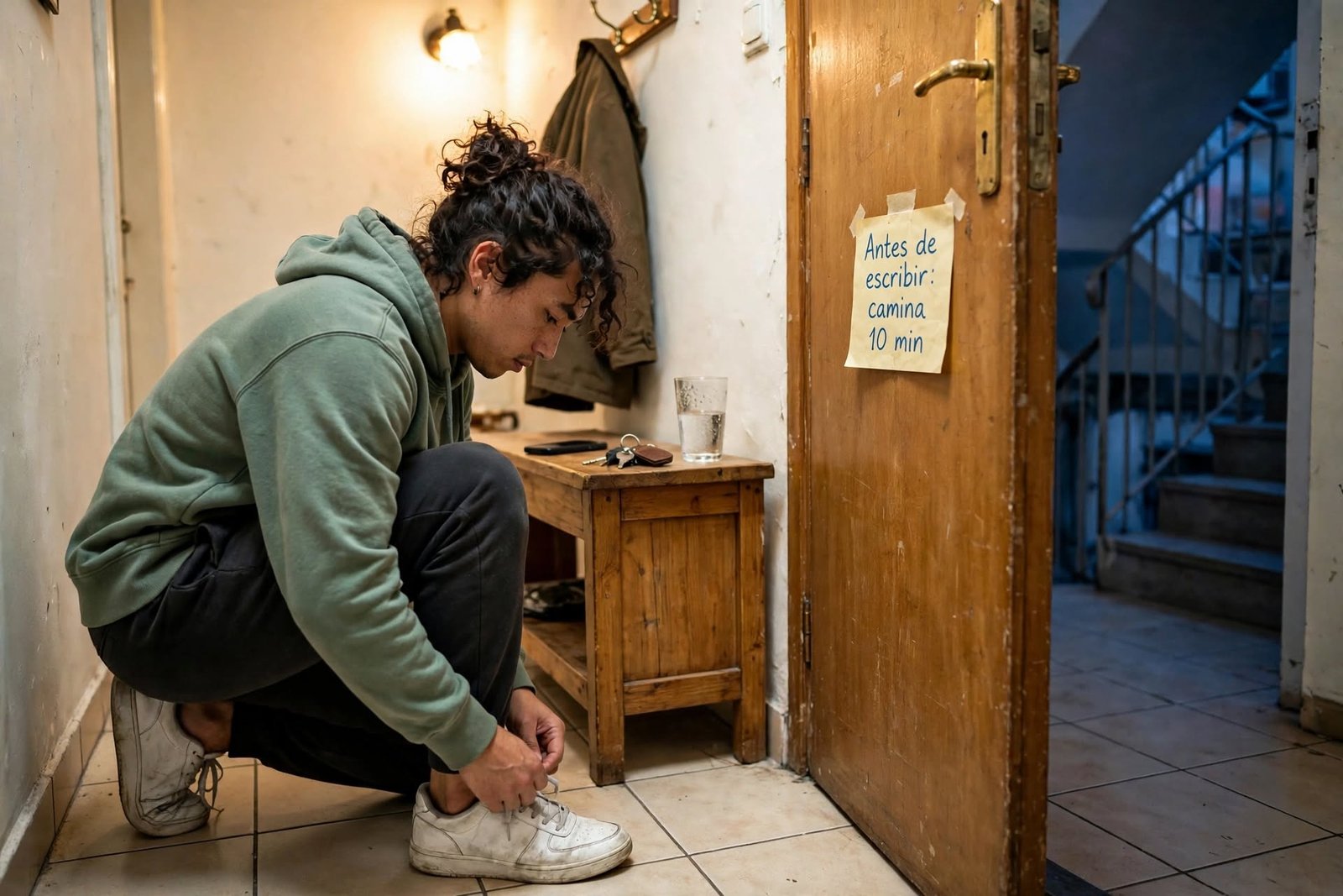 Adicción emocional: por qué vuelves y cómo salir del ciclo 3 Persona atándose las zapatillas junto a la puerta con una nota que recuerda caminar antes de escribir