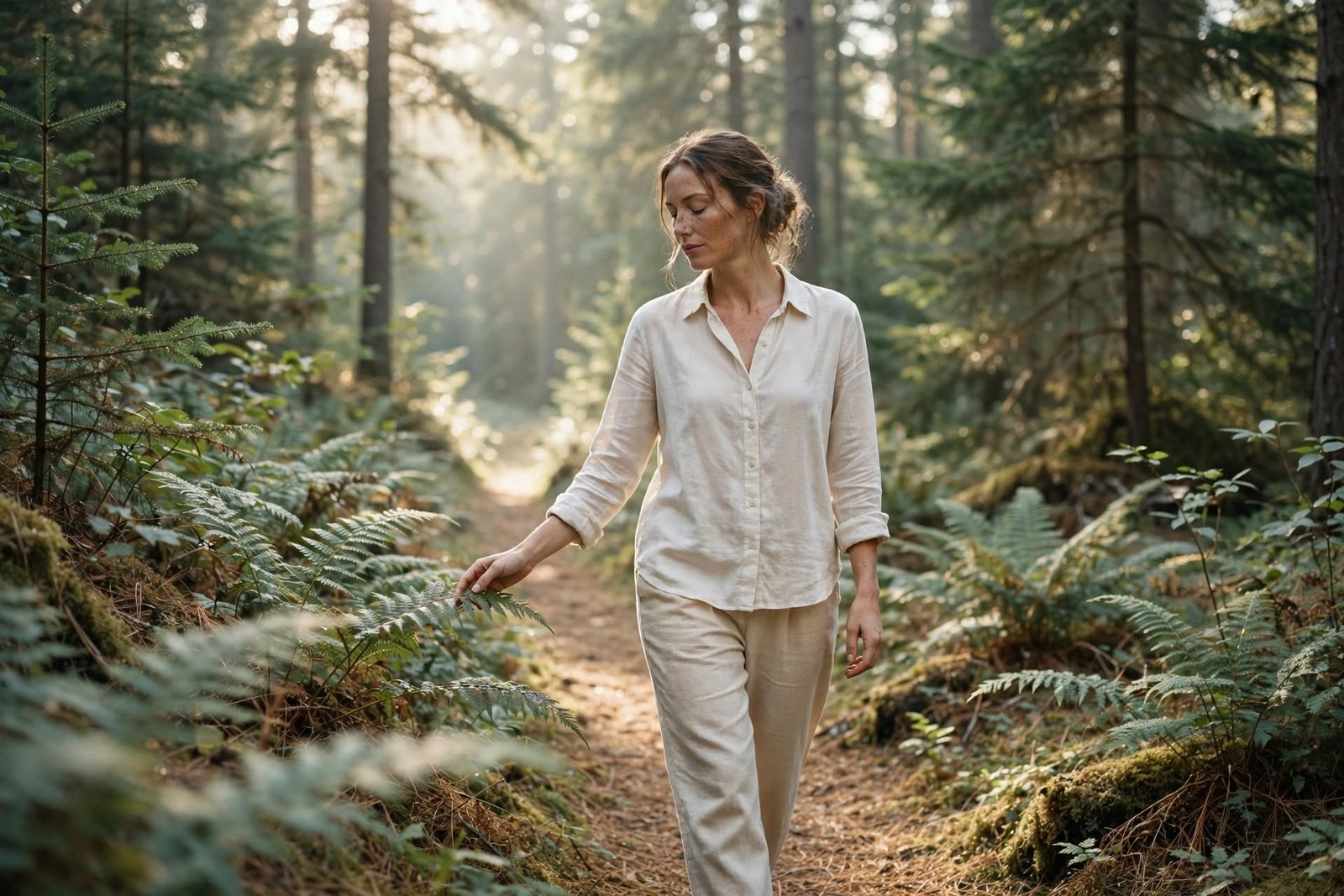 Mujer caminando despacio por un sendero del bosque para soltar la tensión corporal