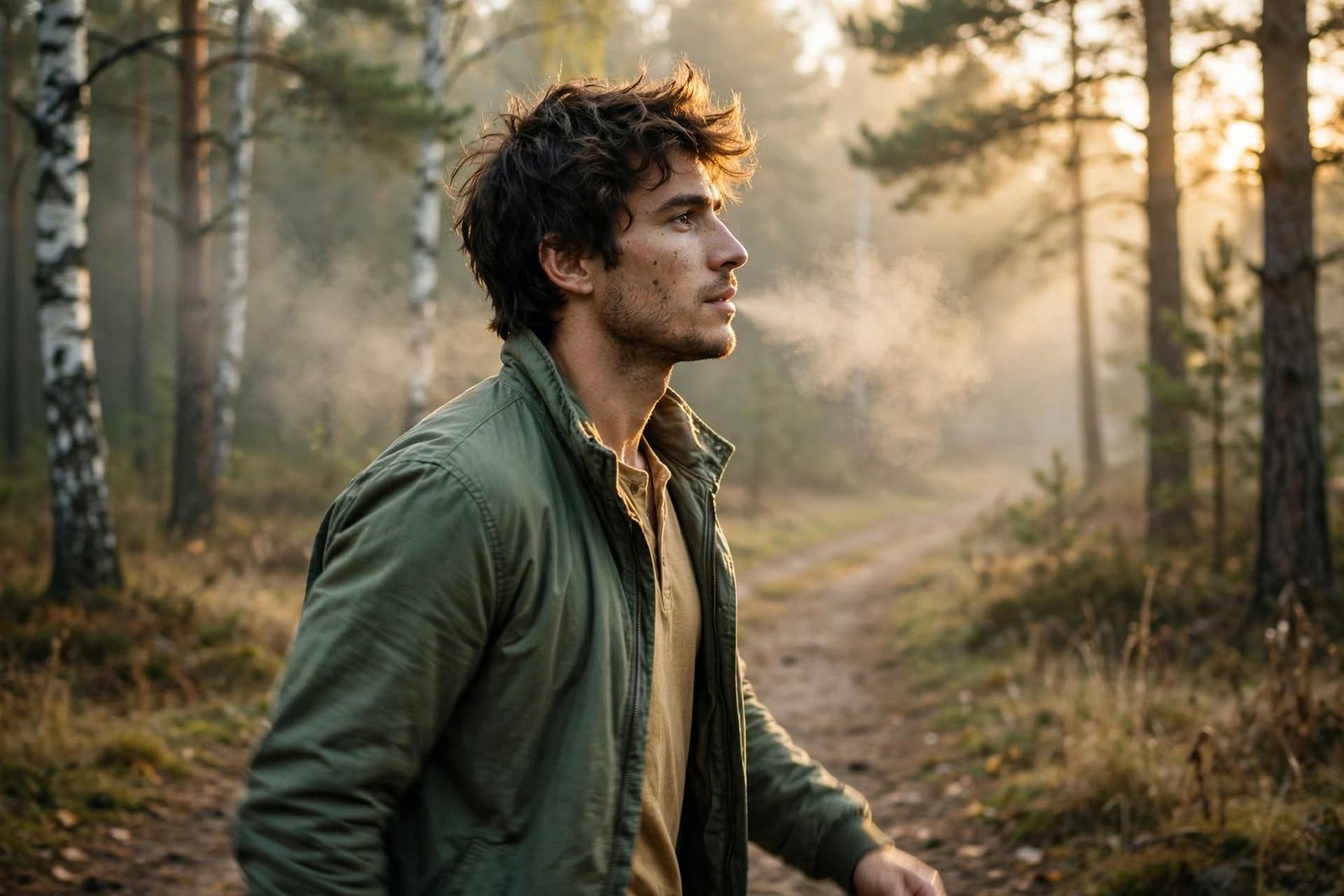 Hombre joven caminando despacio por un sendero de bosque al amanecer para calmar la mente
