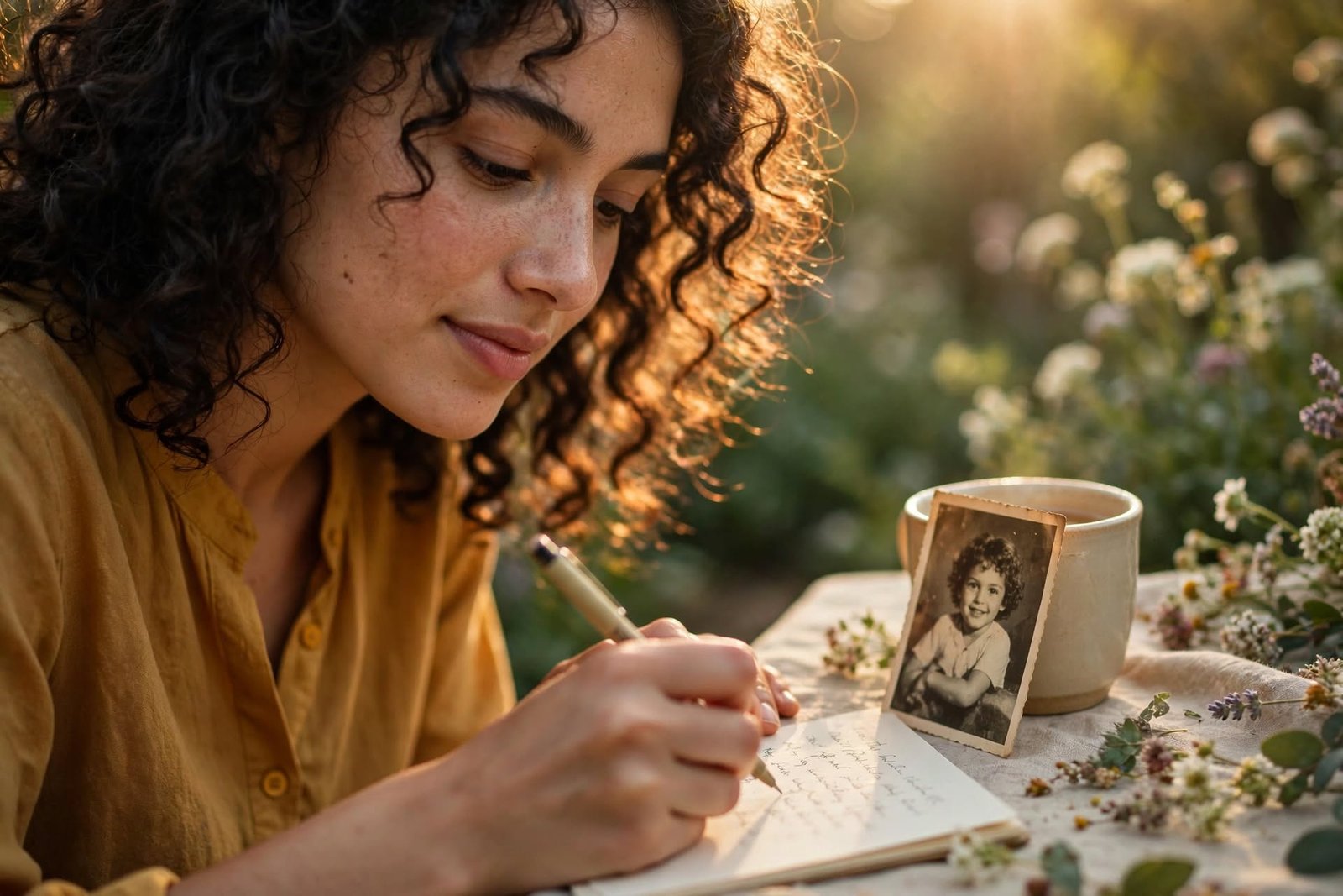 Joven escribiendo una carta a su yo de la infancia en un jardín soleado como práctica para sanar al niño interior