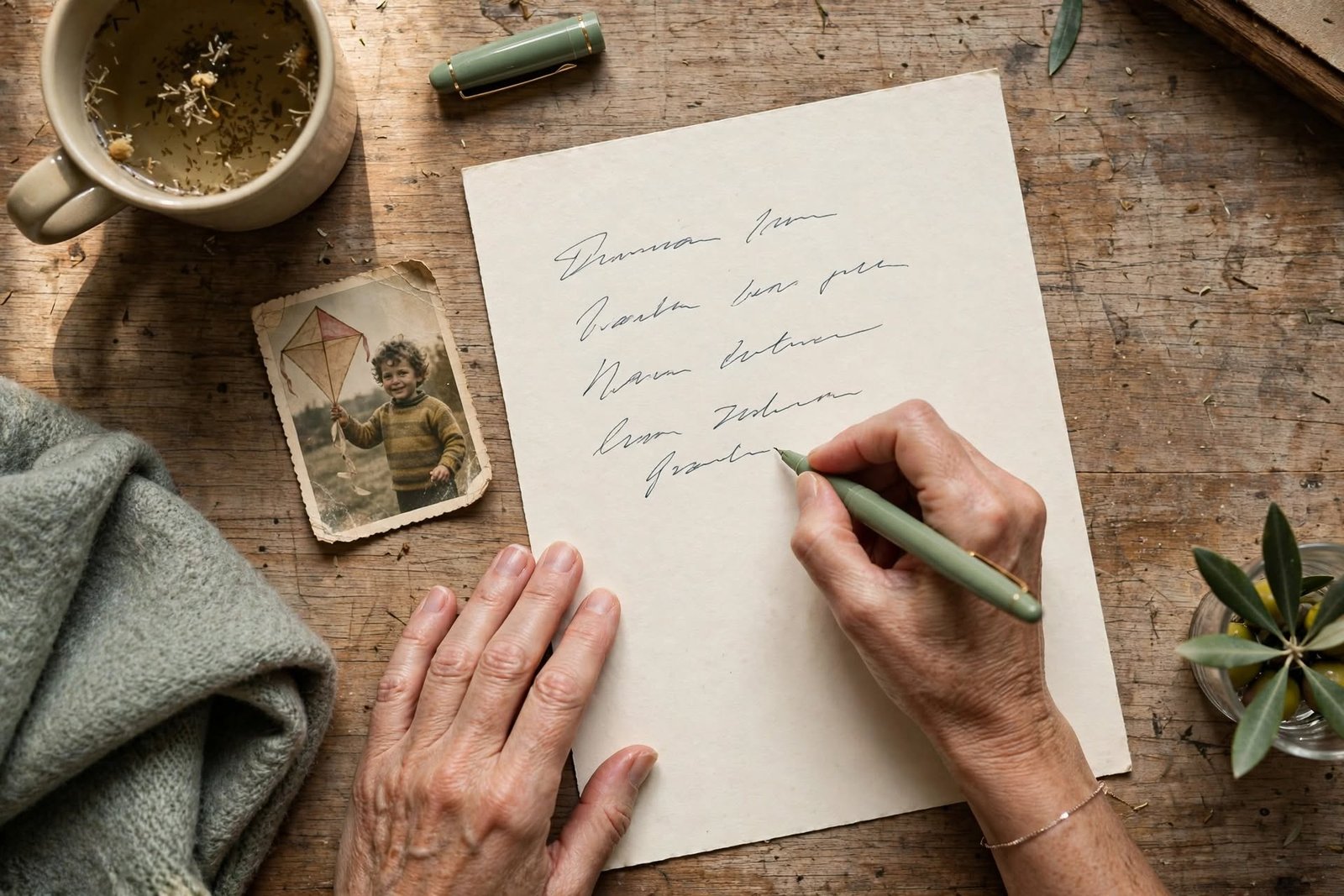 Trauma emocional de la infancia: señales, causas y cómo sanar 3 Manos escribiendo una carta junto a una foto de infancia, ejercicio para sanar las heridas de la infancia