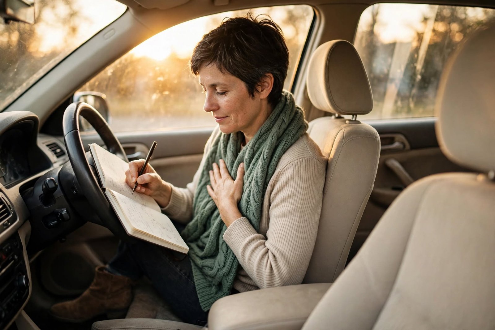 Mujer escribiendo una carta a su niño interior en un cuaderno dentro de un coche aparcado al atardecer