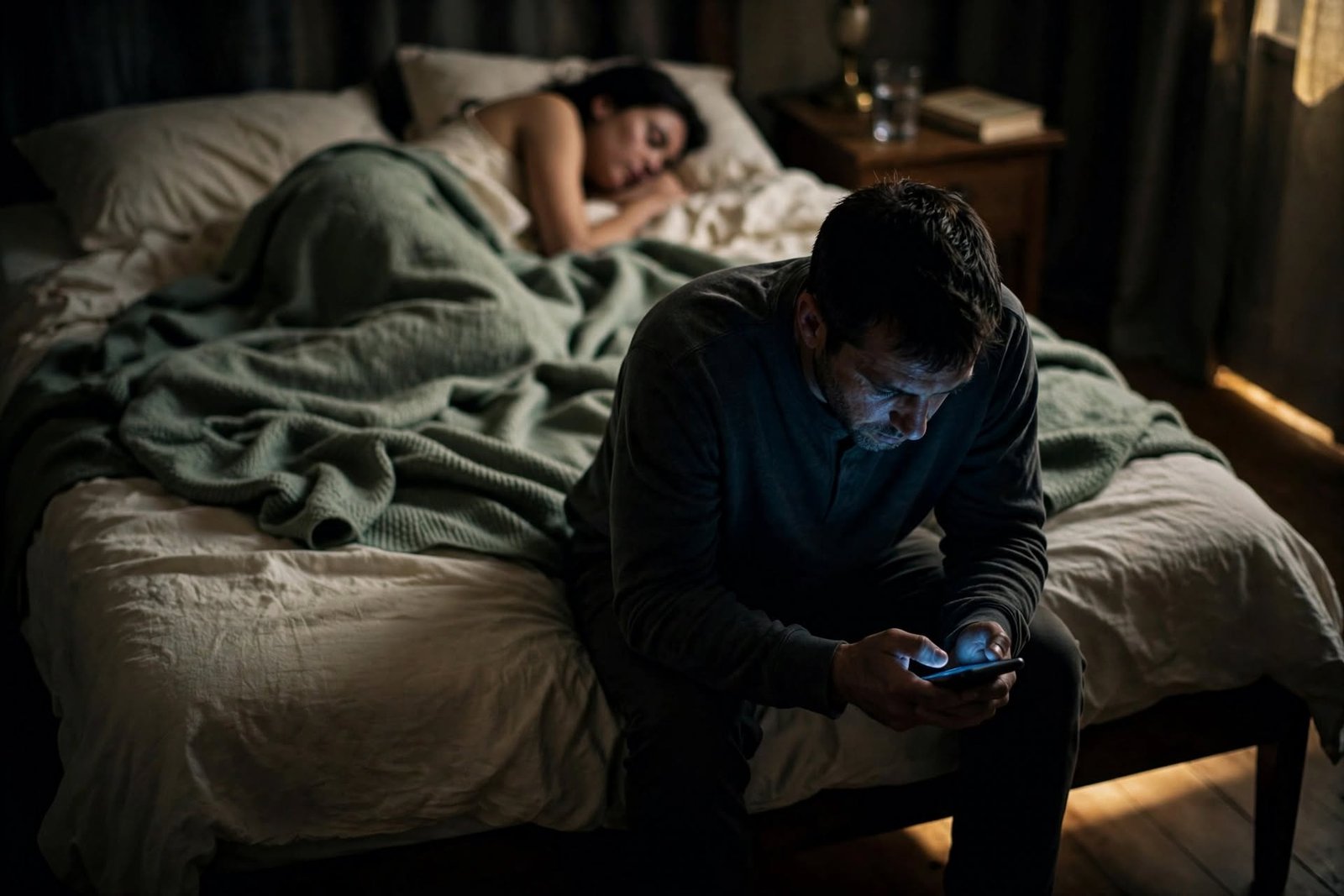 Hombre despierto de noche con el teléfono en la mano mientras su pareja duerme, ejemplo de celos y ansiedad en la pareja