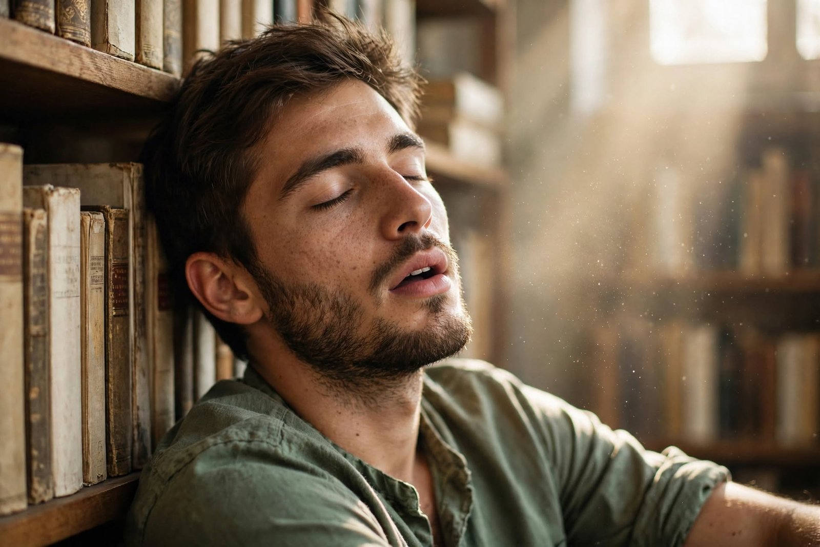 Hombre joven respirando con alivio en una biblioteca iluminada por luz natural