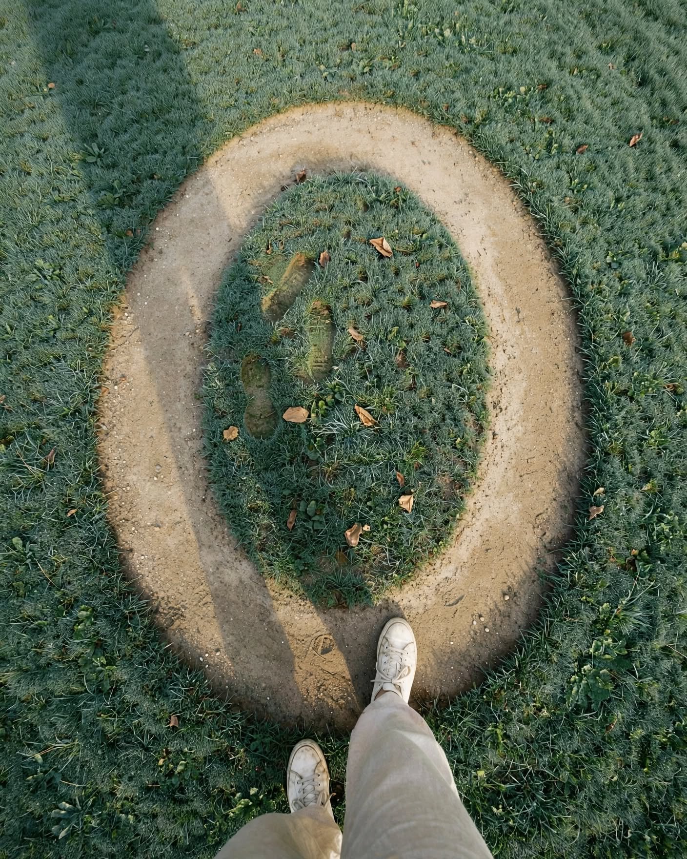 Cómo salir de una relación dependiente sin volver atrás 1 Camino circular desgastado en el césped y unos pies que salen del círculo, metáfora del ciclo de una relación dependiente