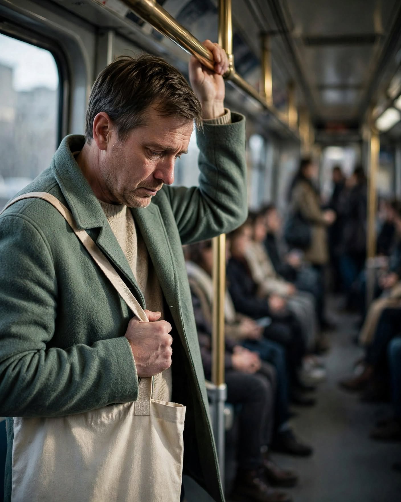 Hombre conteniendo las lágrimas en un tren lleno de gente