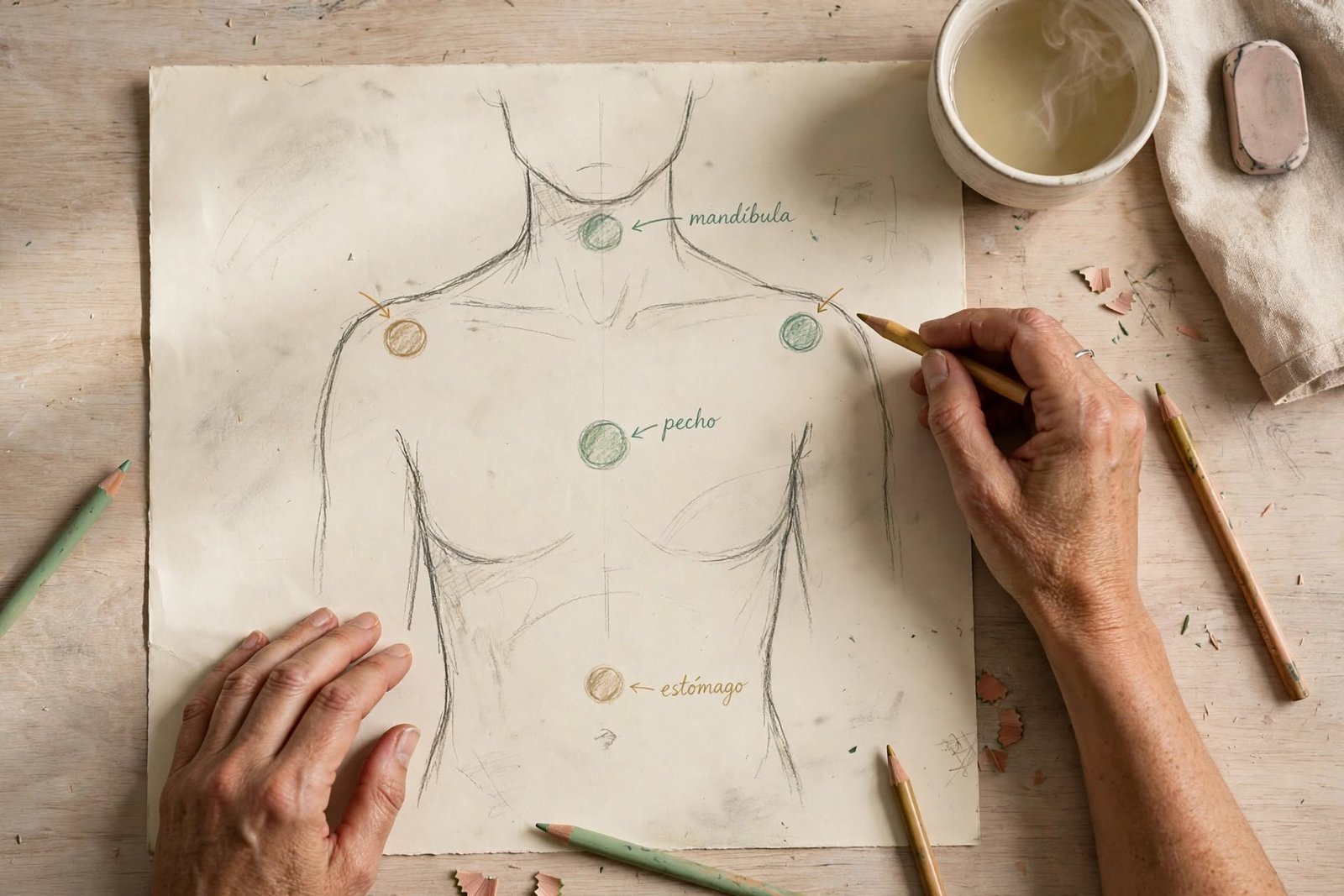Manos dibujando un mapa de tensión corporal para entender la emoción en el cuerpo