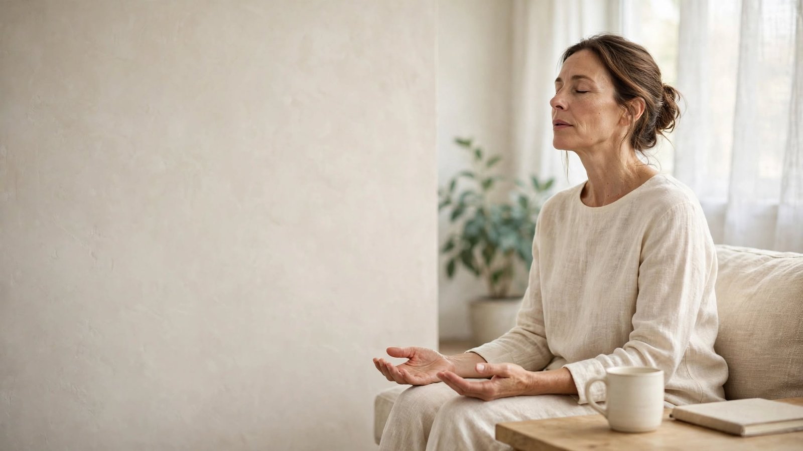 Mujer adulta relajando los hombros en una sala luminosa, imagen sobre cómo soltar el control y recuperar la calma