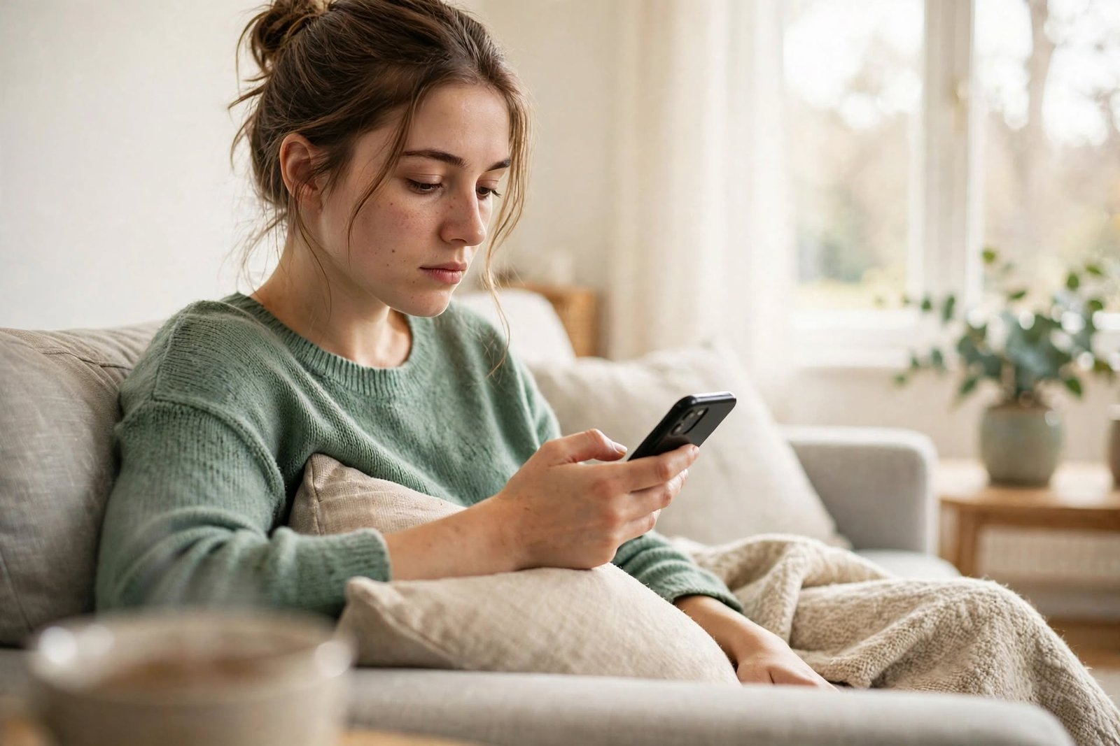 Autoimagen corporal: cómo reconciliarte con tu cuerpo paso a paso 1 Mujer revisando el teléfono con gesto pensativo, reflejando la comparación social en redes