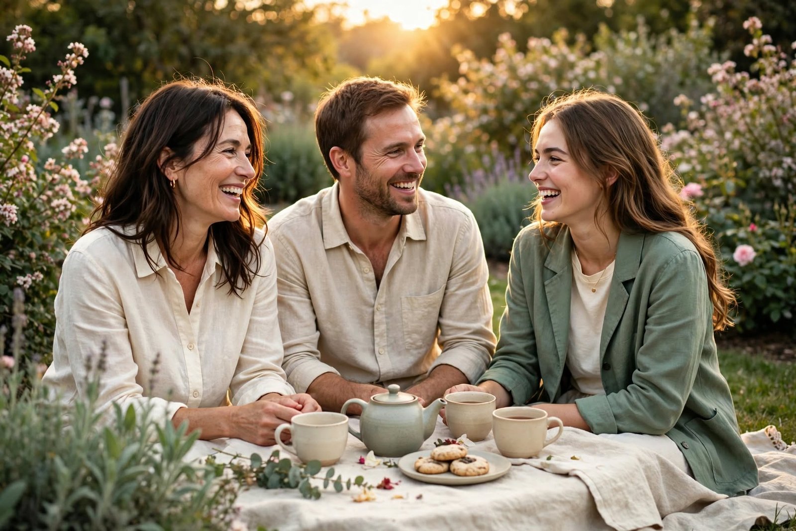 Grupo de amigos conversando y riendo en un jardín al atardecer