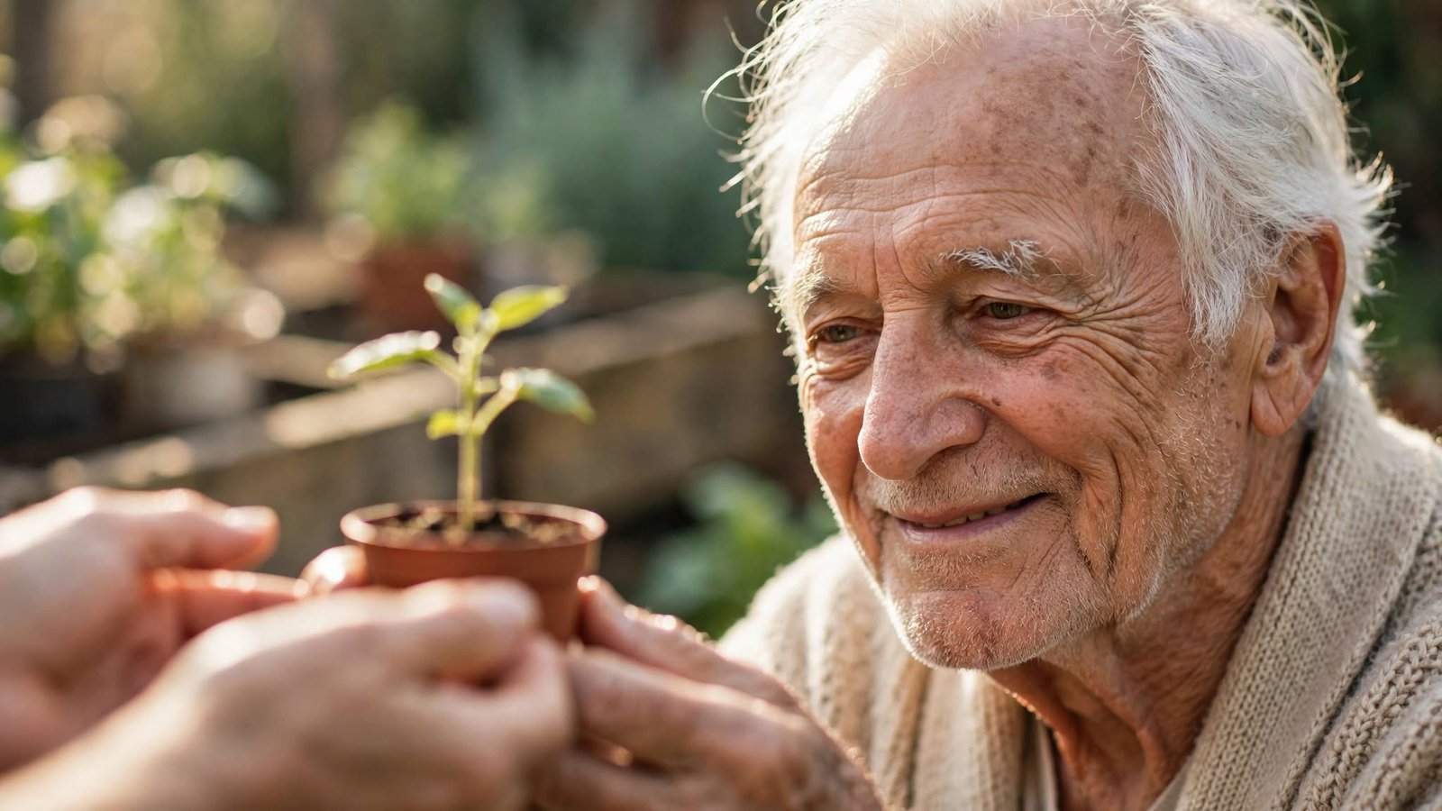 Hombre mayor entregando una pequeña planta en un jardín, símbolo de compartir lo que tienes