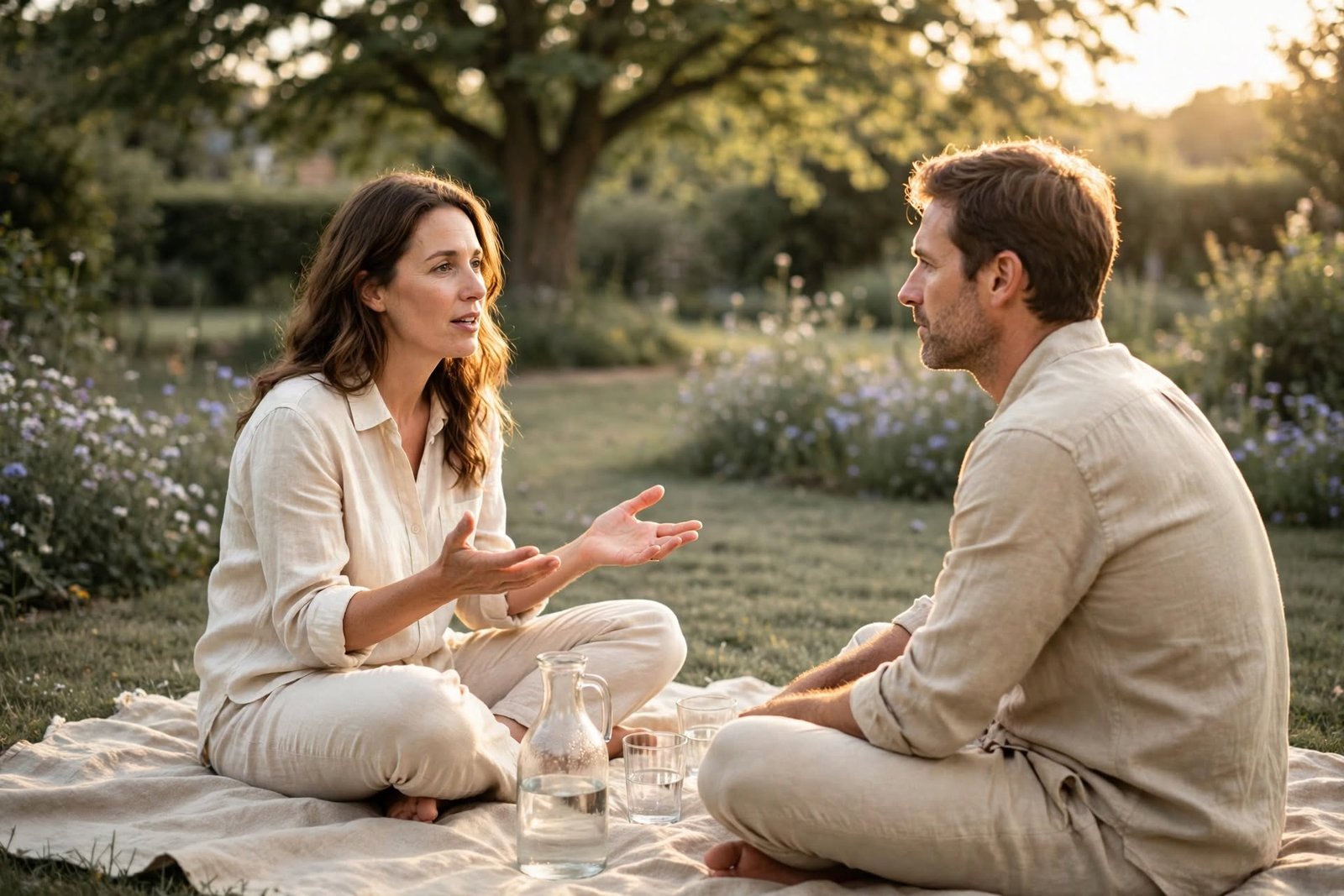 Cómo soltar el control: guía práctica para dejar de sobreintentar 2 Pareja conversando con calma en un jardín, ejemplo de comunicación honesta sin control