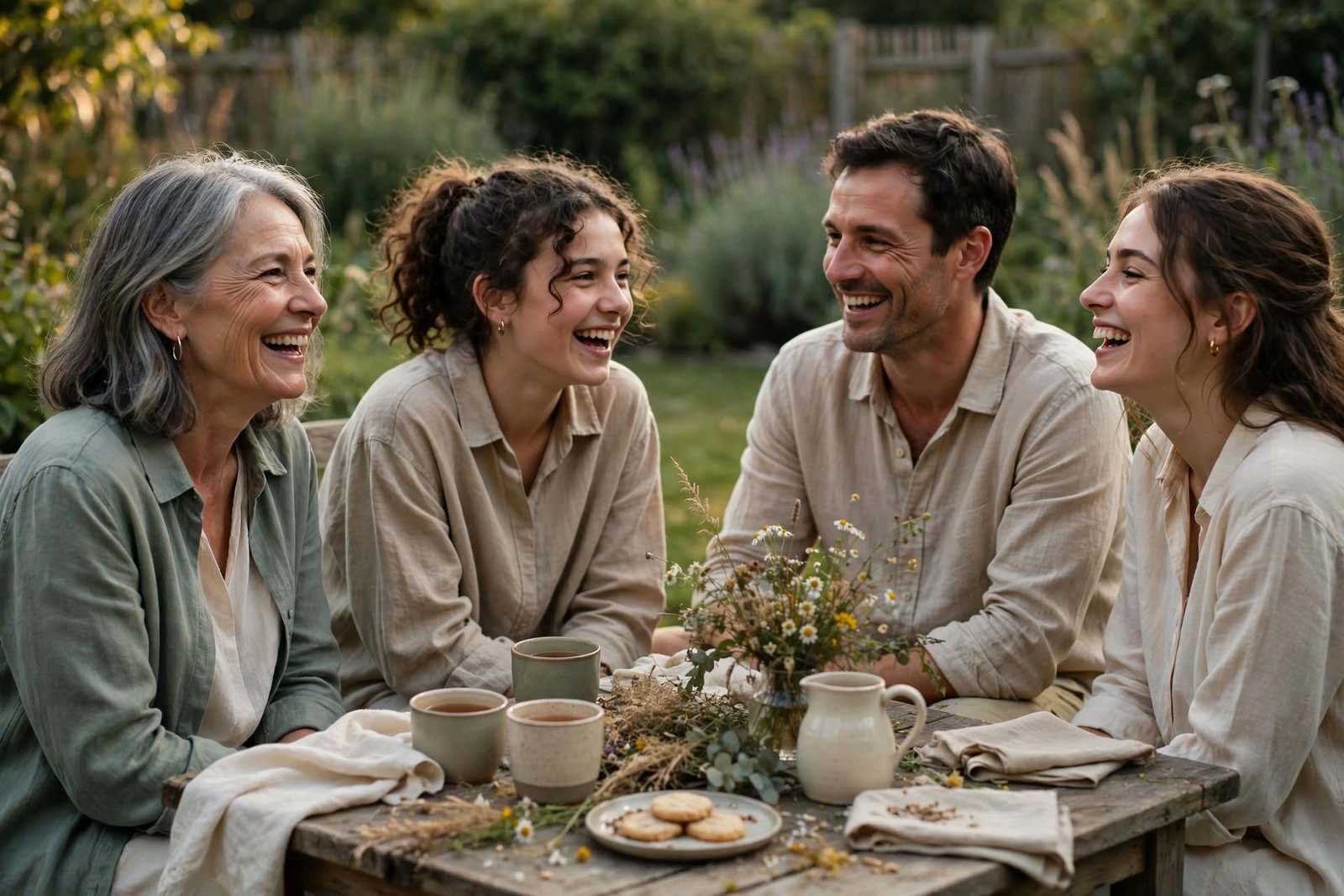 Grupo pequeño de personas compartiendo té en un jardín al atardecer, símbolo de conexión y equilibrio