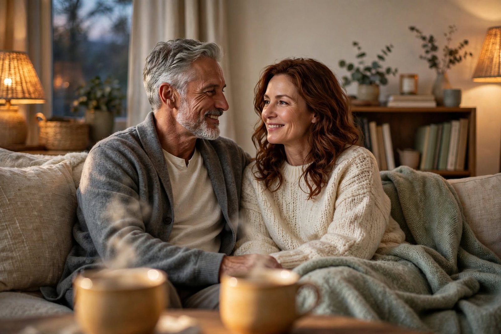 Pareja adulta compartiendo té en una sala acogedora, imagen de conexión y equilibrio emocional