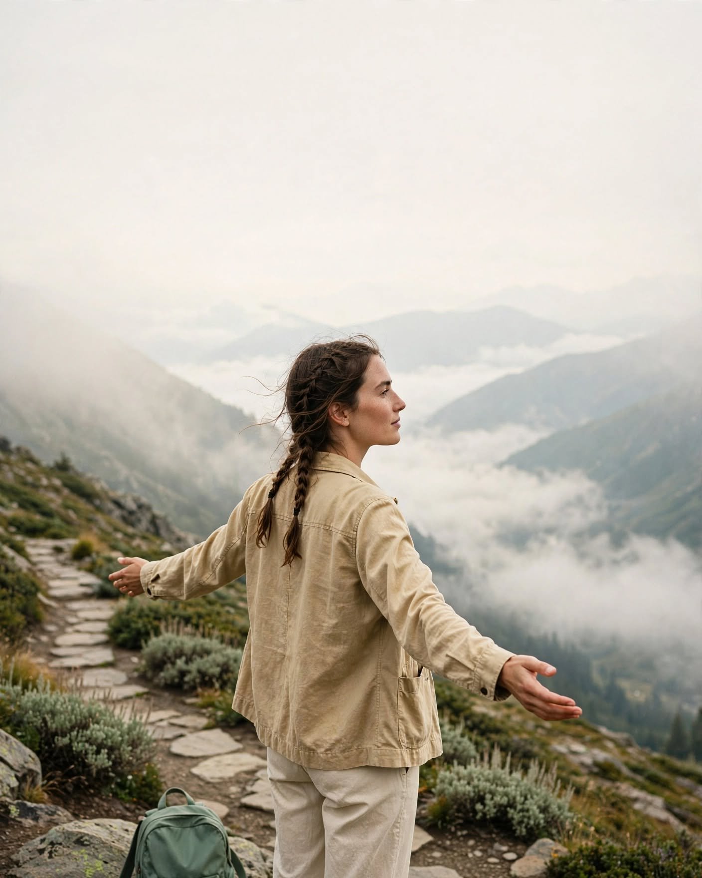 Cómo soltar el control: guía práctica para dejar de sobreintentar 5 Mujer joven en un mirador de montaña con los brazos abiertos, confianza al avanzar sin tenerlo todo controlado