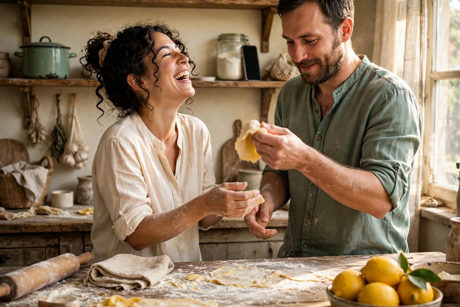 Pareja cocinando junta con el teléfono olvidado en una estantería, imagen de confianza sin control