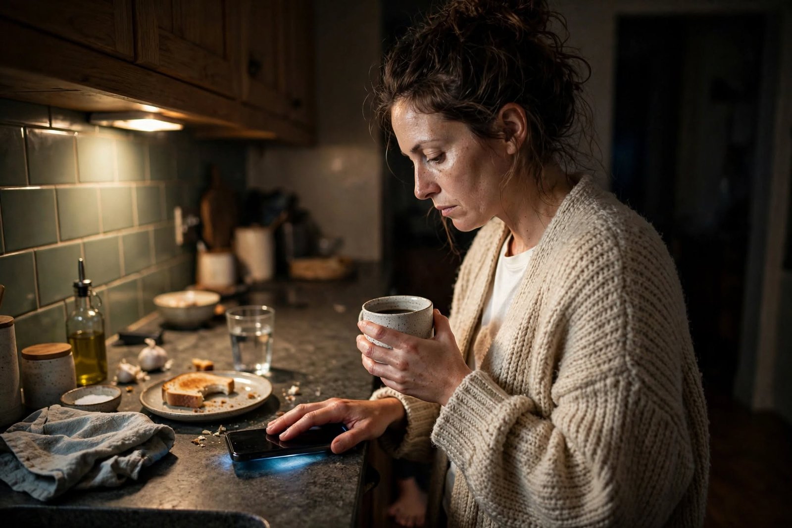 Cómo salir de una relación dependiente sin volver atrás 2 Mujer en la cocina de madrugada con el teléfono boca abajo, resistiendo el impulso de escribir durante el contacto cero