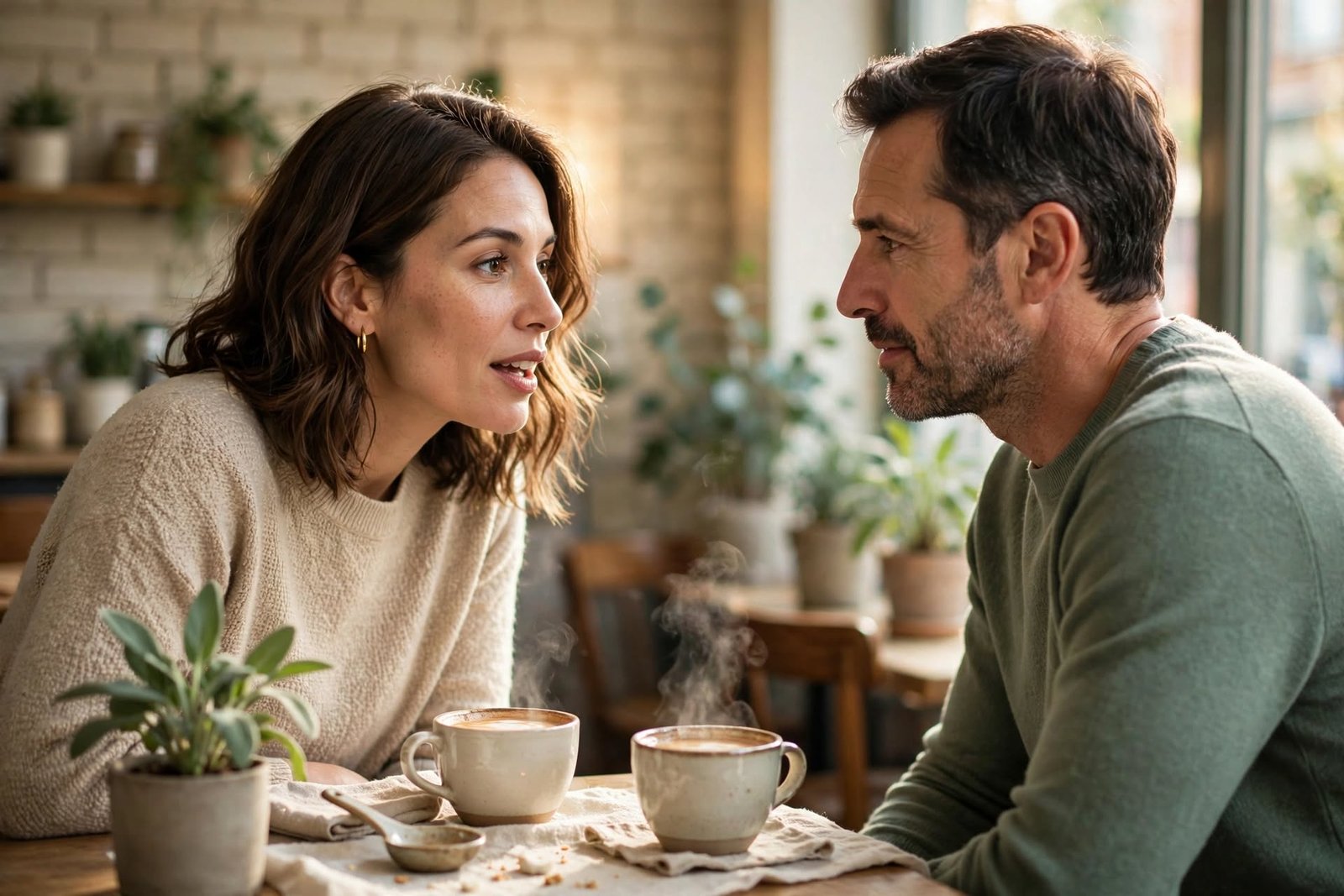Dos colegas conversando con sinceridad en una cafetería tranquila