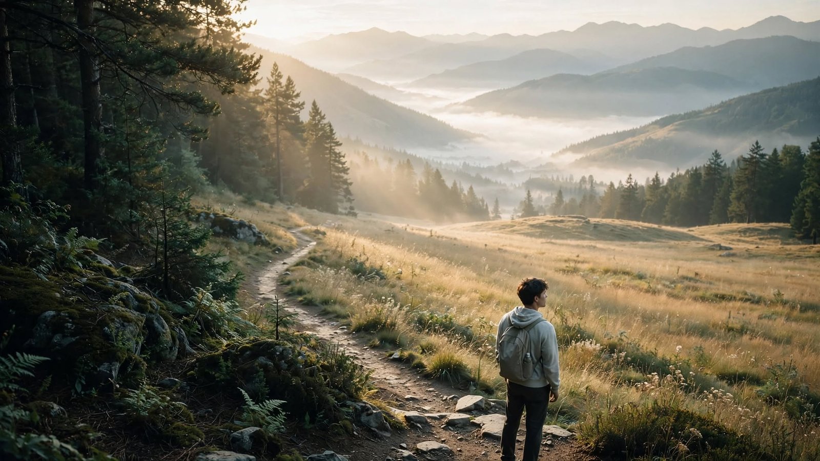 Joven cruzando un sendero de montaña al amanecer, símbolo de dar un paso a pesar del miedo