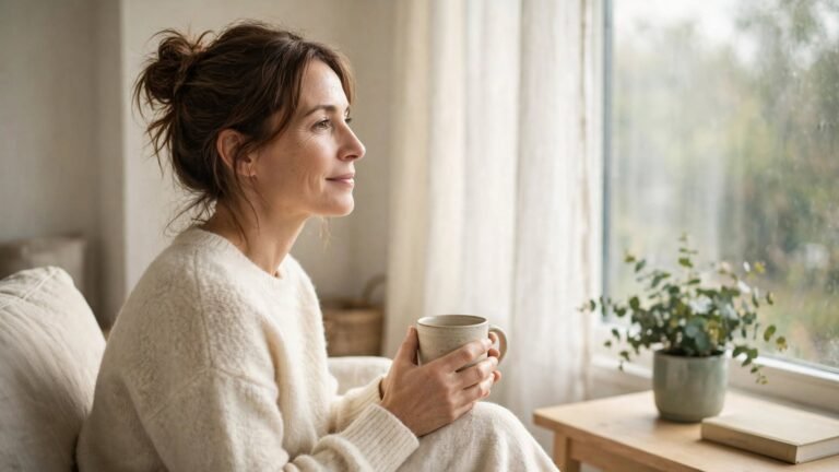 Mujer serena junto a una ventana, tomando un té, después de aprender a dejar de pensar tanto